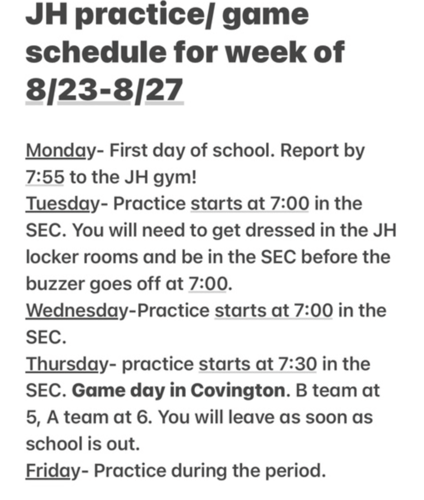 JH schedule 8/23-8/27
