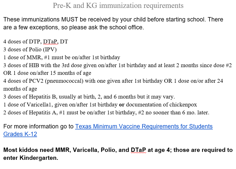 Required Immunizations for Pre-K & KG